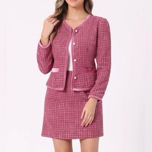 Allegra K 2 Piece Outfit Plaid Tweed Cropped Blazer Jacket & Mini Skirt Suit Set